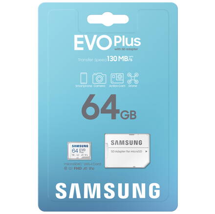 Samsung micro SDXC 64GB EVO Plus + SD adaptér CLASS 10 UHS-I U3 A2 V30 (130 MB/s)