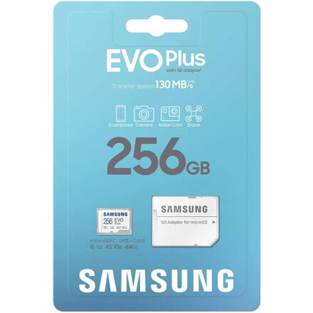 Samsung micro SDXC 256GB EVO Plus + SD adaptér CLASS 10 UHS-I U3 A2 V30 (130 MB/s)