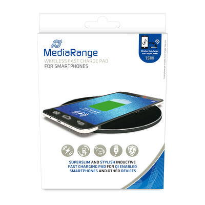 MediaRange 15 W-os vezeték nélküli gyorstöltő pad okostelefonokhoz, fekete