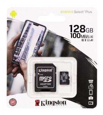 Kingston Micro SDXC 128GB Canvas Select Plus A1 100MB/s CL10 Card + SD Adapter