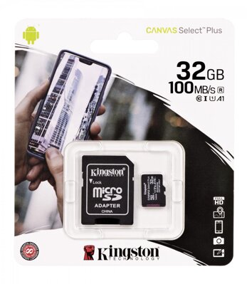 Kingston  Micro SDHC 32GB Canvas Select Plus A1 100MB/s  CL10 Card + SD Adapter