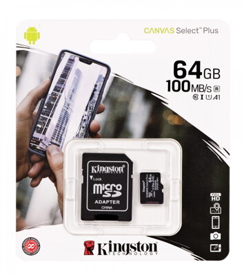 Kingston Micro SDXC 64GB Canvas Select Plus A1 100MB/s CL10 Card + SD Adapter