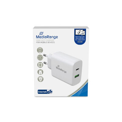 MediaRange 43W fast charger with USB-A and USB-C output, white