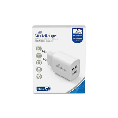 MediaRange 12W charger with two USB-A outputs, white