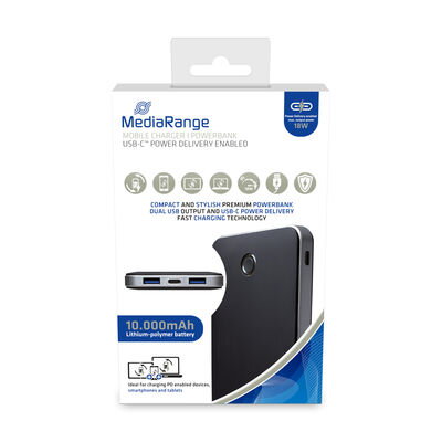 MediaRange Powerbank 10000 mAh , 2x USB-A and 1xUSB-C black/silver