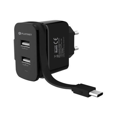 Platinet WALL CHARGER 2xUSB + ROLLING CABLE Type-C 3.4A 