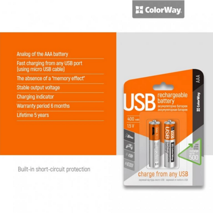 ColorWay nabíjateľné batérie AAA microUSB 400 mAh 1.5V (2ks)