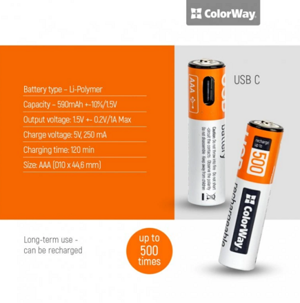ColorWay újratölthető akkumulátor AAA Type-C 590 mAh 1.5V (2db)