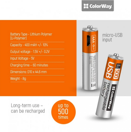 ColorWay nabíjateľné batérie AAA microUSB 400 mAh 1.5V (2ks)