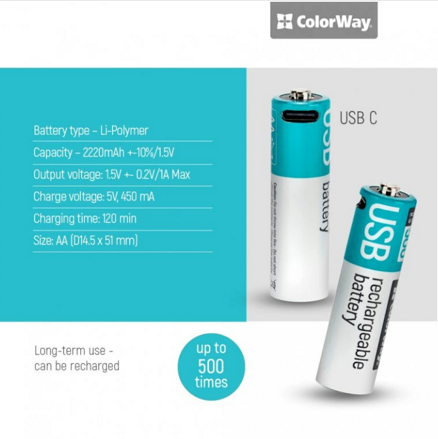 ColorWay nabíjateľné batérie AA Type-C 2200 mAh 1.5V (2ks)