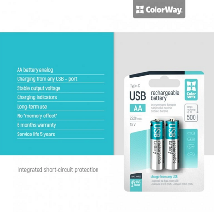ColorWay nabíjateľné batérie AA Type-C 2200 mAh 1.5V (2ks)