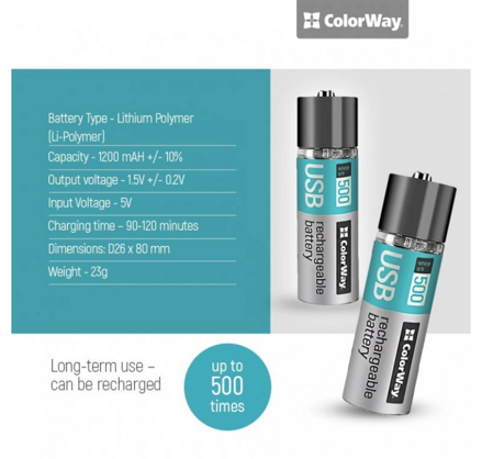 ColorWay nabíjateľné batérie AA USB 1200 mAh 1.5V (2ks)