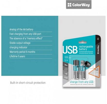 ColorWay nabíjateľné batérie AA USB 1200 mAh 1.5V (2ks)