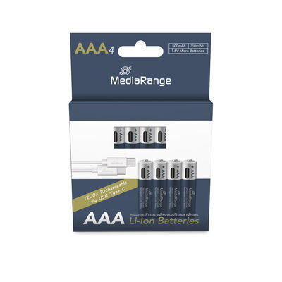 MediaRange nabíjateľné USB-C Li-Ion batérie, Micro AAA I 1,5 V I 500 mAh, 4-balenie
