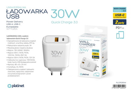 Platinet sieťová nabíjačka 30W PD, QC 3.0 USB-A/USB-C port