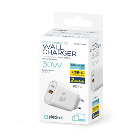 Platinet sieťová nabíjačka 30W PD, QC 3.0 USB-A/USB-C port
