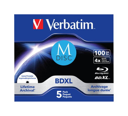 Verbatim M-DISC BD-R 4x 100GB Print Jewel Case 5PK Verbatim M-DISC BD-R 4x 100GB Print Jewel Case 5PK