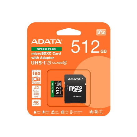 ADATA Speed Plus MicroSDXC 512GB UHS-I U3 V30 A2 + adapter 180/160 MB/s