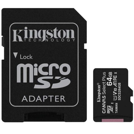 Kingston Micro SDHC 64GB Canvas Select Plus A1 100MB/s CL10 Card + SD Adapter