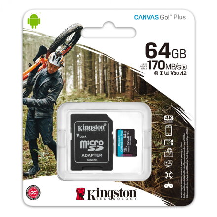 Kingston 64GB microSD Class Canvas Go! Plus A2 U3V30 170MB/s + adapter