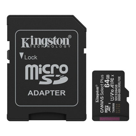 Kingston Micro SDXC 64GB Canvas Select Plus, UHS-I, U1/U3, video class 10/30, A1 100MB/s CL10 Card + SD Adapter