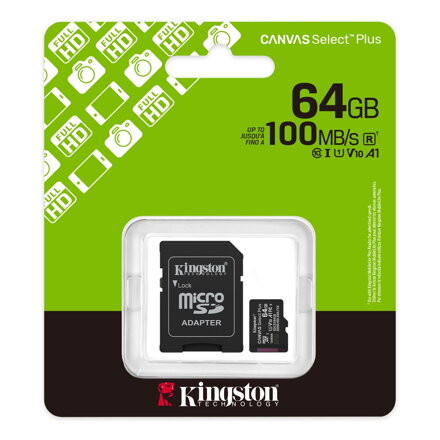 Kingston Micro SDXC 64GB Canvas Select Plus, UHS-I, U1/U3, video class 10/30, A1 100MB/s CL10 Card + SD Adapter