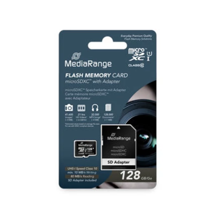 MediaRange microSDXC memóriakártya 128GB UHS-1 Class 10 + adapter
