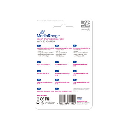 Mediarange Micro SDHC 32GB Class 10+ adapter