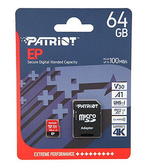 PATRIOT 64GB microSDXC  V30 A1, class 10 U3 100/80MB/s + adapter
