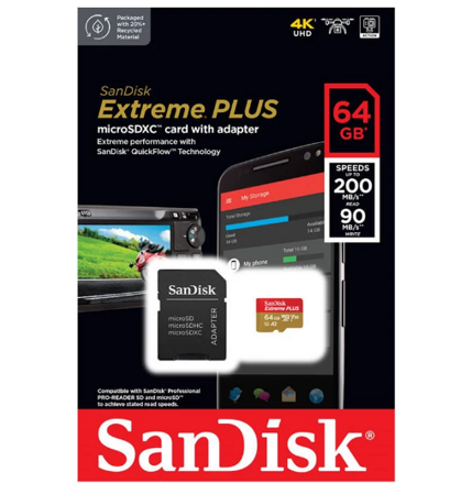 SanDisk Extreme Plus 64GB microSDXC memóriakártya 200/90 MB/s A2 C10 V30 UHS-I U3 + adapter