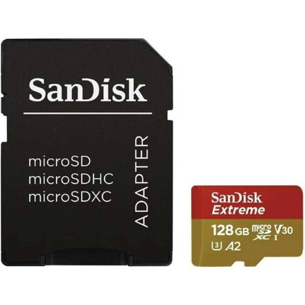 Sandisk Extreme 128GB microSDXC memória kártya 190/90 MB/s, A2 C10 V30 UHS-I U3 + adapter