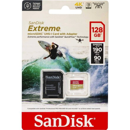 Sandisk Extreme 128GB microSDXC memória kártya 190/90 MB/s, A2 C10 V30 UHS-I U3 + adapter