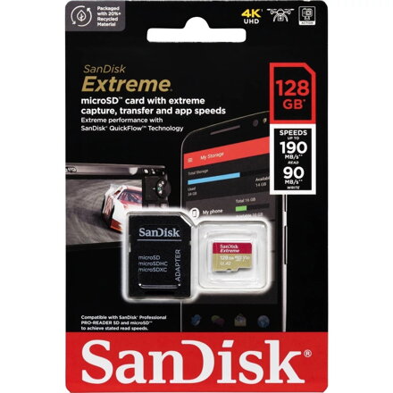 Sandisk Extreme 128GB microSDXC pamäťová karta 190/90 MB/s, A2 C10 V30 UHS-I U3 + adaptér
