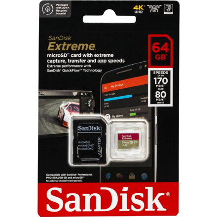 Sandisk Extreme 64GB microSDXC memória kártya 170/80 MB/s, A2 C10 V30 UHS-I U3 + adapter