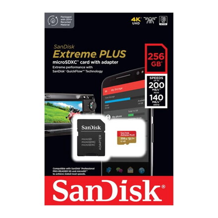 SanDisk Extreme Plus 256GB microSDXC pamäťová karta 200/140 MB/s A2 C10 V30 UHS-I U3 + adaptér