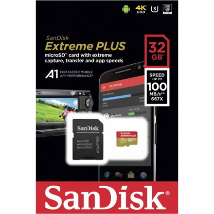 SANDISK Extreme Plus 32GB microSDHC memória kártya 100MB/s Class 10 UHS-I V30 + adapter