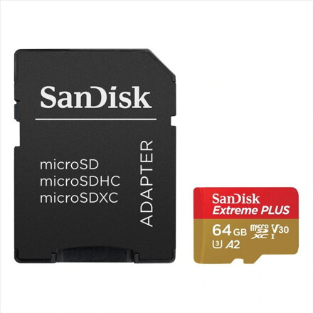 SanDisk Extreme Plus 64GB microSDXC memóriakártya 200/90 MB/s A2 C10 V30 UHS-I U3 + adapter