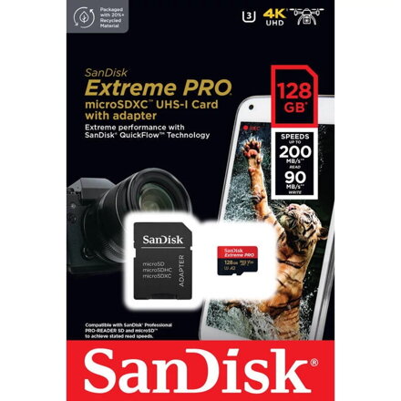 SANDISK Extreme PRO 128GB microSDXC pamäťová karta 200/90 MB/s A2 C10 V30 UHS-I U3 + adaptér