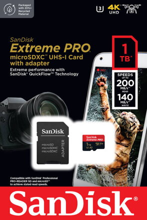 SANDISK EXTREME PRO MICRO SDXC 1TB + adapter CLASS 10 UHS-I U3 A2 V30 200/140 MB/s