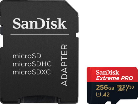 SANDISK Exreme PRO 256GB micro SDXC pamäťová karta 200/140 MB/s  A2 C10 V30 UHS-I U3 + adaptér 