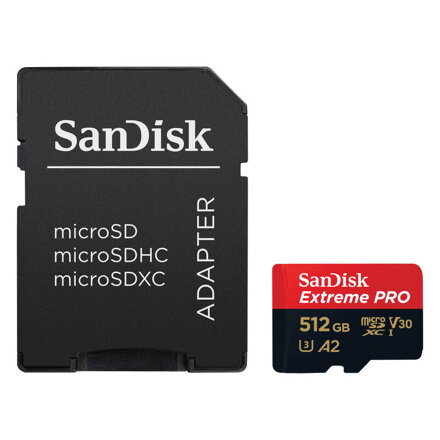 SANDISK EXTREME PRO 512GB microSDXC memóriakártya 200/140 MB/s A2 C10 V30 UHS-I U3 + adapter 