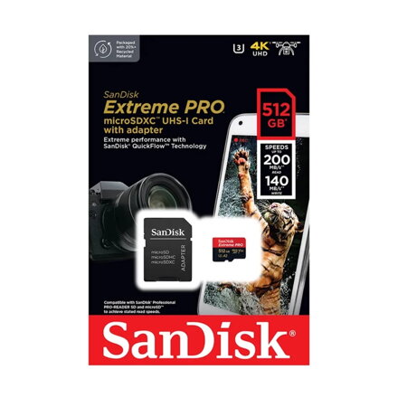 SANDISK EXTREME PRO 512GB microSDXC memóriakártya 200/140 MB/s A2 C10 V30 UHS-I U3 + adapter 