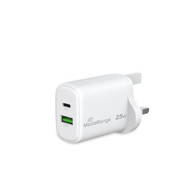 MediaRange 25W rýchla nabíjačka GaN (UK zástrčka!!!) USB-A/USB-C port PD 3.0 QC 3.0 
