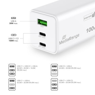 MediaRange 100W GaN rýchlonabíjačka 2x USB-C a 1x USB-A, PD, QC