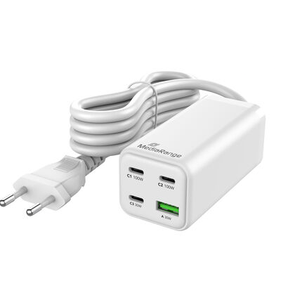 MediaRange 100W GaN rýchlonabíjačka, 1,5m kábel ,3x USB-C, 1x USB-A, PD, QC