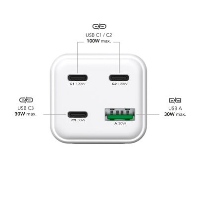 MediaRange 100W GaN rýchlonabíjačka, 1,5m kábel ,3x USB-C, 1x USB-A, PD, QC