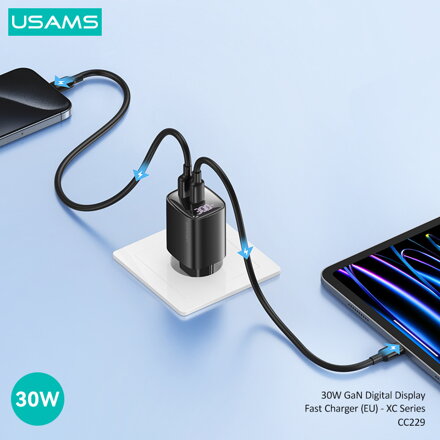 USAMS  CC229  sieťová nabíjačka GaN LED 30W PD 3.0/ QC 3.0 USB-A/USB-C čierna
