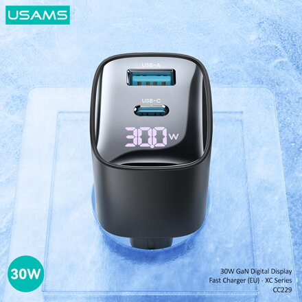 USAMS  CC229  sieťová nabíjačka GaN LED 30W PD 3.0/ QC 3.0 USB-A/USB-C čierna