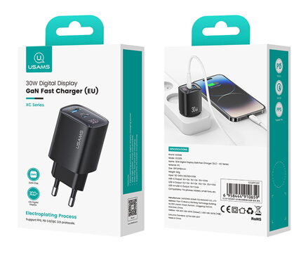 USAMS  CC229  sieťová nabíjačka GaN LED 30W PD 3.0/ QC 3.0 USB-A/USB-C čierna