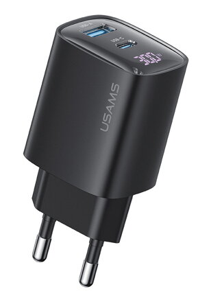 USAMS  CC229  sieťová nabíjačka GaN LED 30W PD 3.0/ QC 3.0 USB-A/USB-C čierna